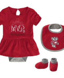 Wisconsin Badgers Baby Girls Red MVP Princess 3 Piece Creeper Set