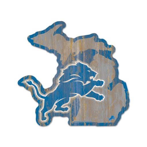 Detroit Lions Blue Michigan Shape Wood Sign